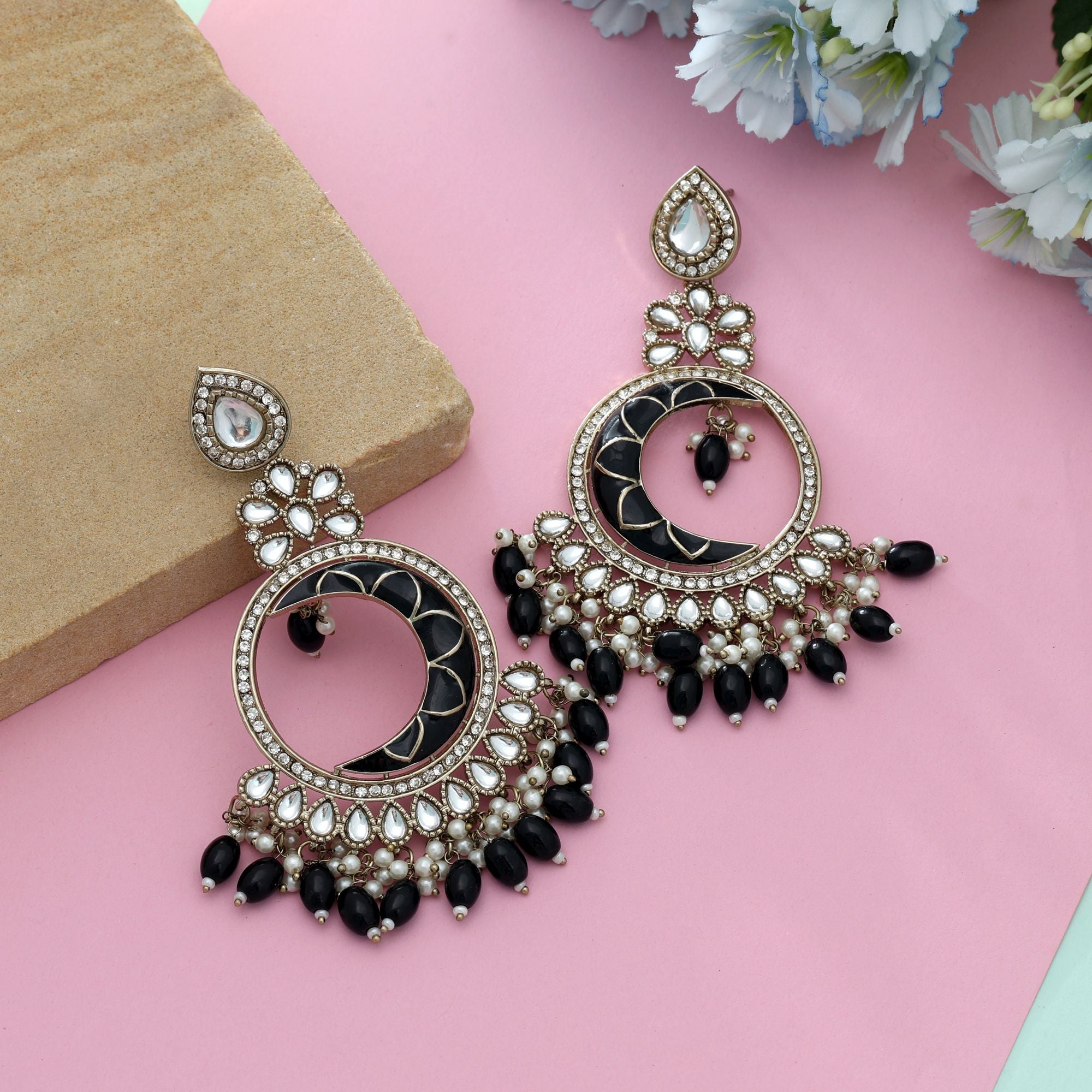 Black Color Meena Work Kundan Earrings Classic Ethnic Party Wear Jewelry