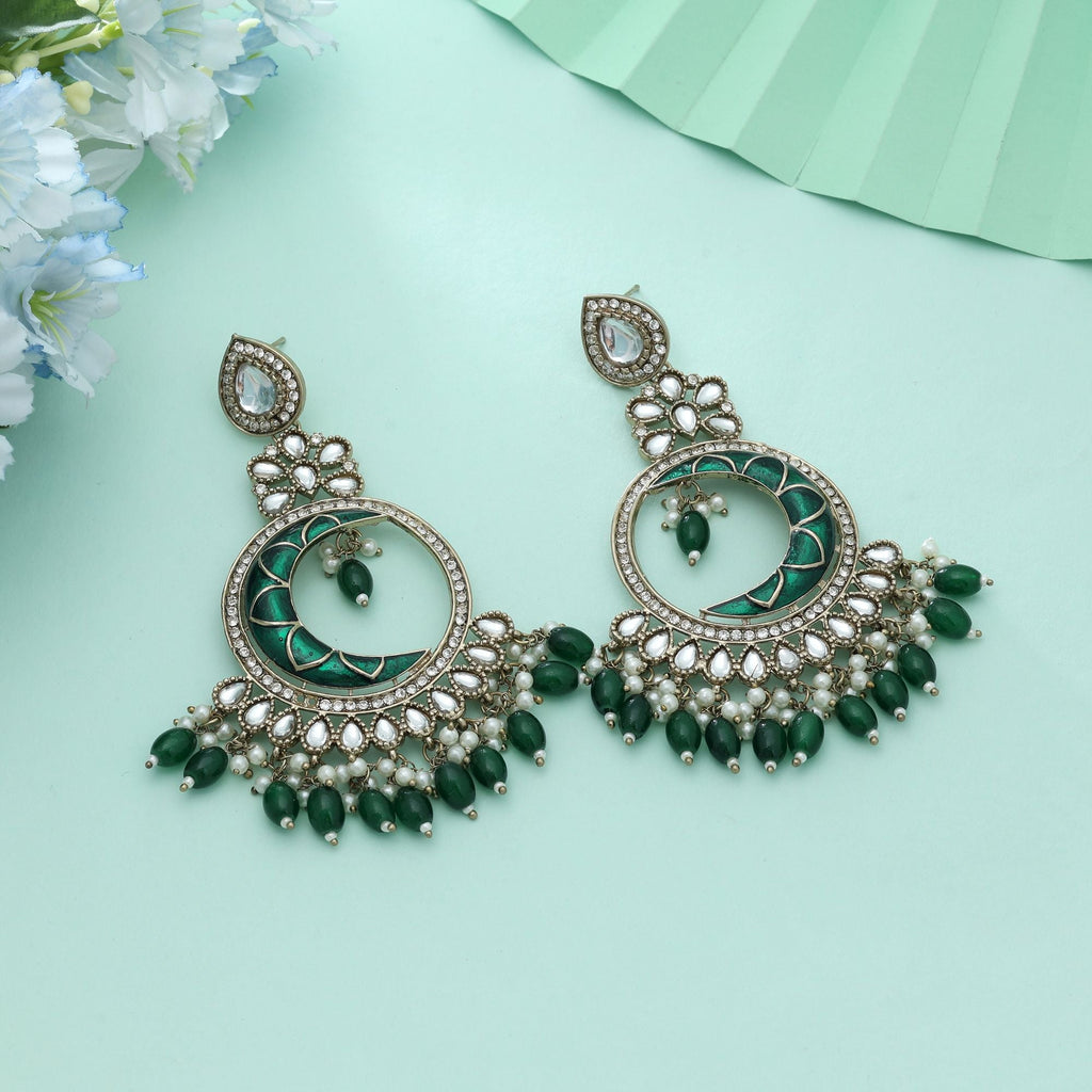 Green Color Meena Work Kundan Earrings Royal Indian Wedding Jewelry