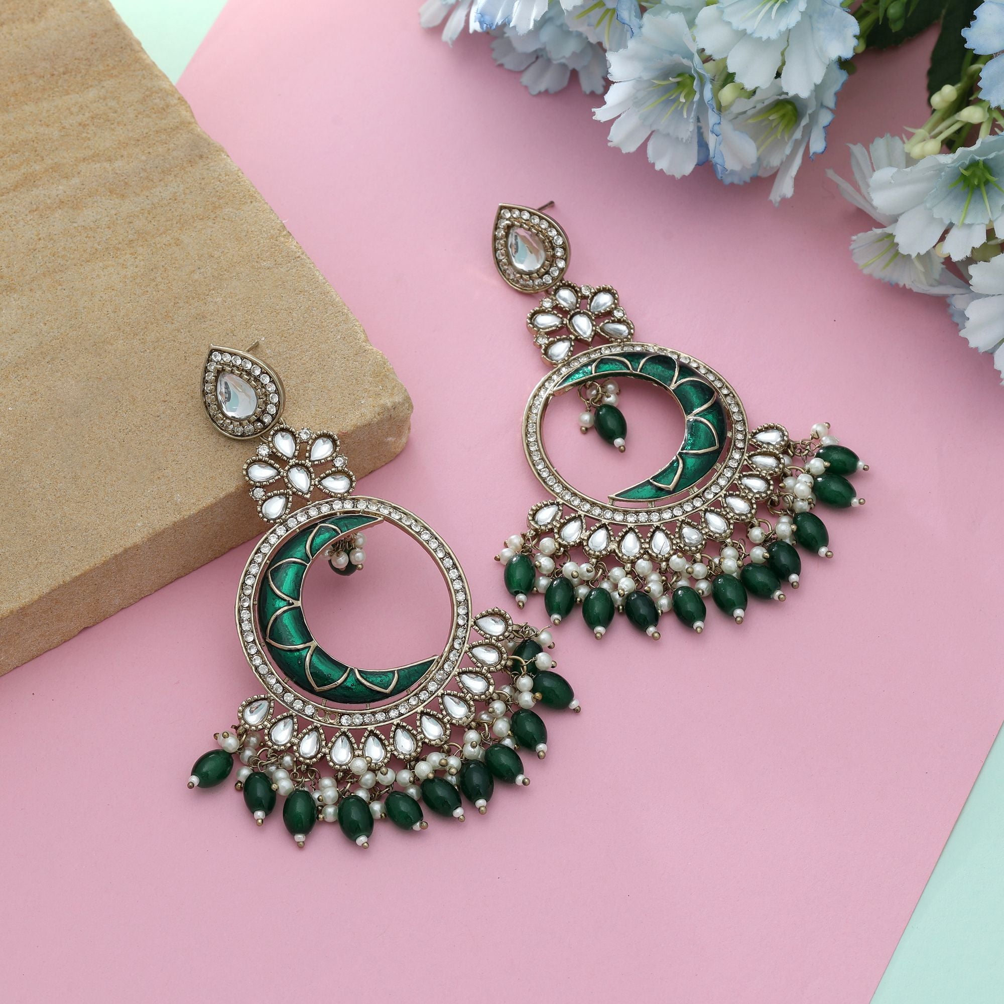 Green Color Meena Work Kundan Earrings Royal Indian Wedding Jewelry