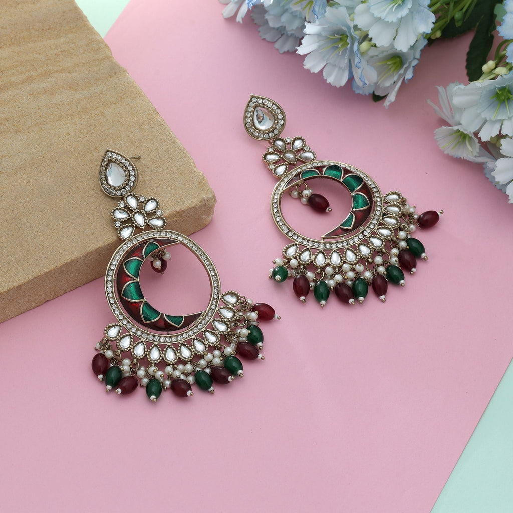 Maroon & Green Color Meena Work Kundan Earrings Royal Bridal Jewelry