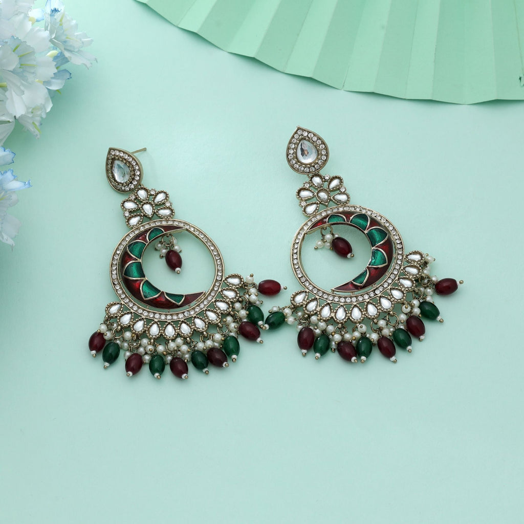 Maroon & Green Color Meena Work Kundan Earrings Royal Bridal Jewelry