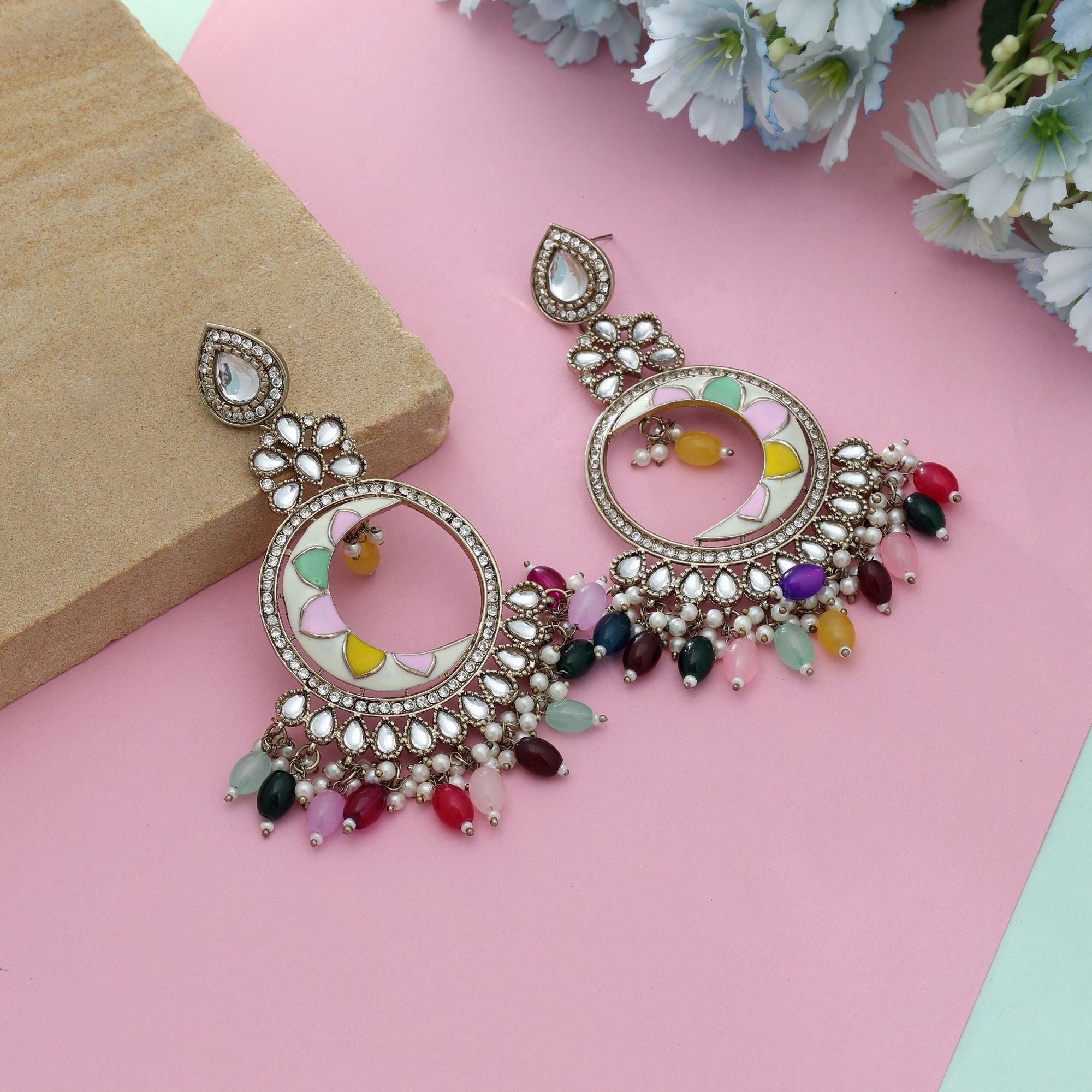 Multi Color Meena Work Kundan Earrings Vibrant Festive Ethnic Jewelry