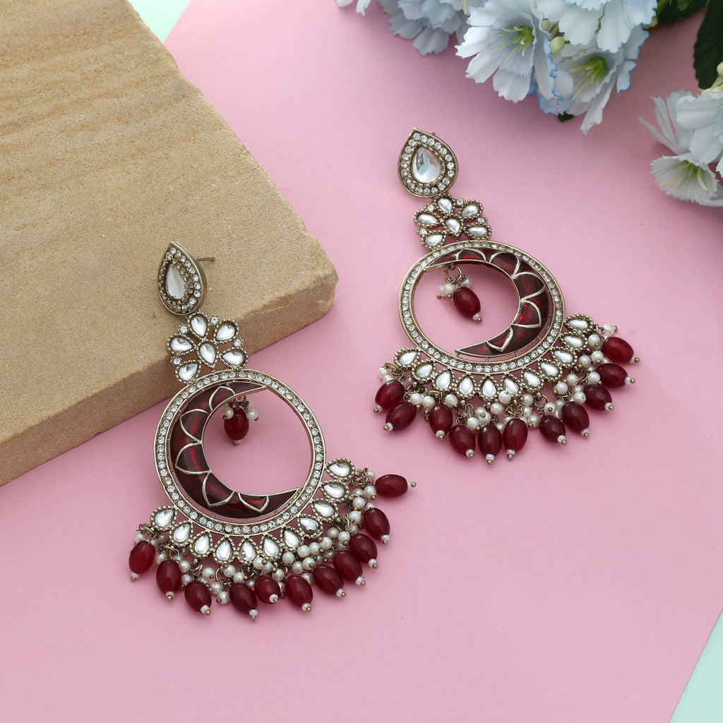 Maroon Color Meena Work Kundan Earrings Royal Ethnic Wedding Jewelry