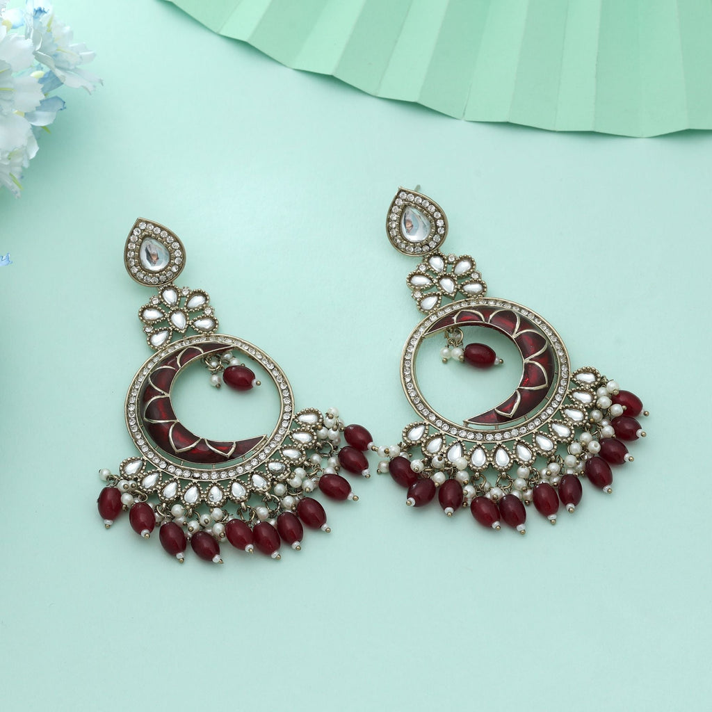 Maroon Color Meena Work Kundan Earrings Royal Ethnic Wedding Jewelry