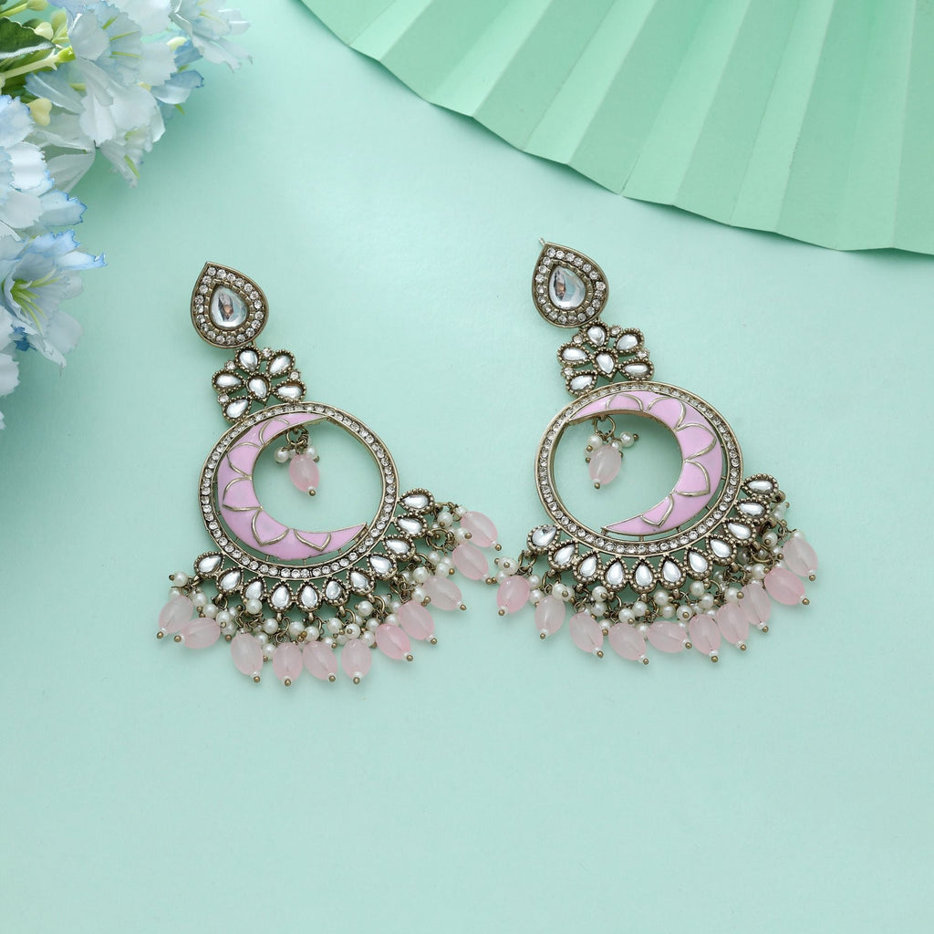 Pink Color Meena Work Kundan Earrings Elegant Feminine Ethnic Jewelry