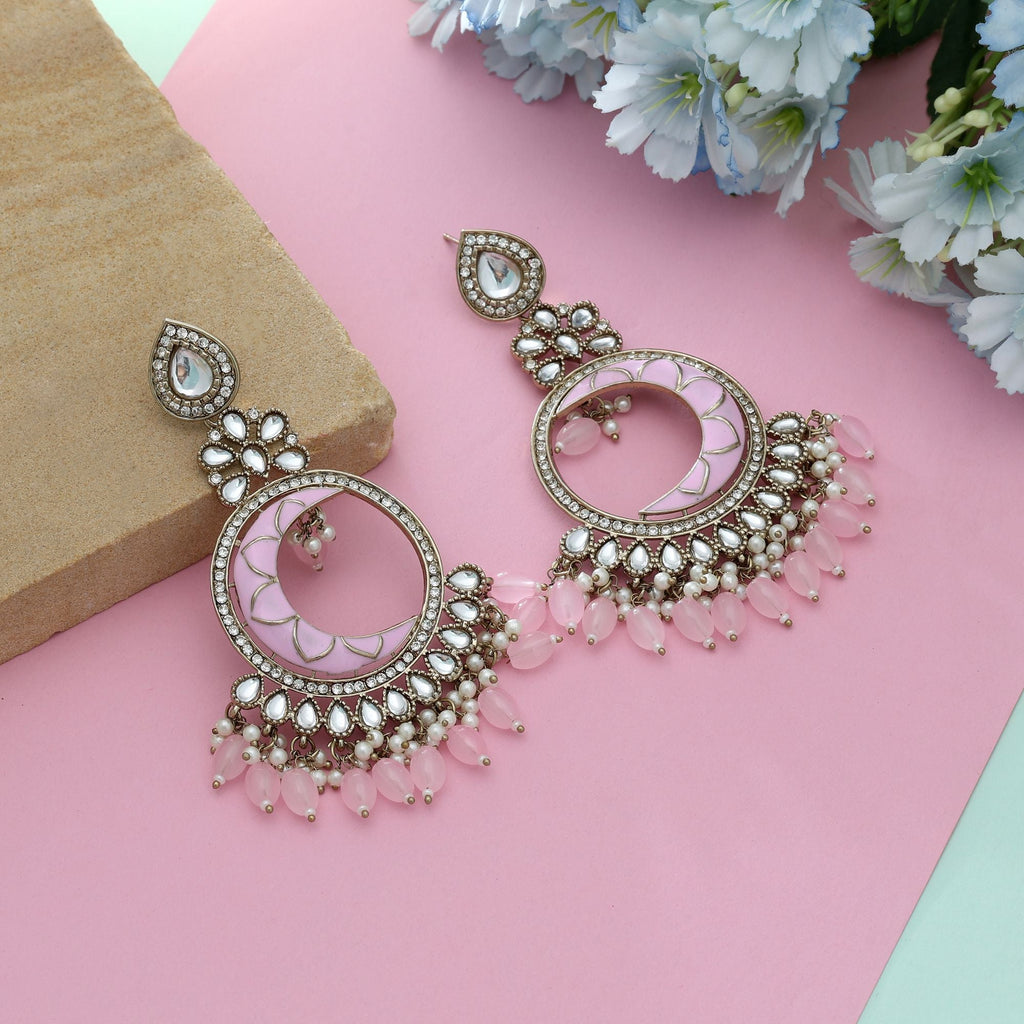 Pink Color Meena Work Kundan Earrings Elegant Feminine Ethnic Jewelry