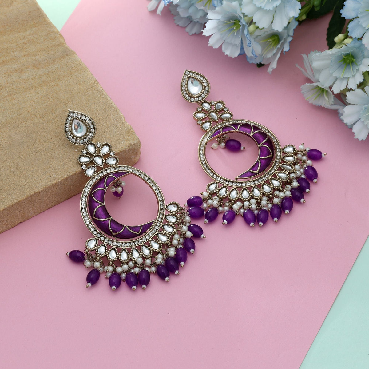 Purple Color Meena Work Kundan Earrings Stylish Traditional Ethnic Jewelry