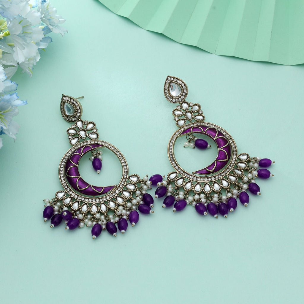 Purple Color Meena Work Kundan Earrings Stylish Traditional Ethnic Jewelry