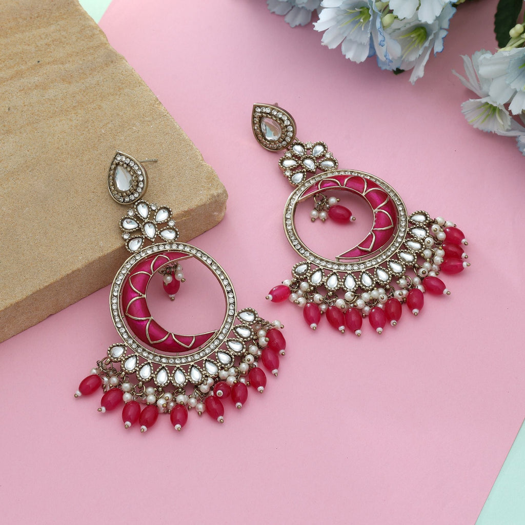 Rani Color Meena Work Kundan Earrings Elegant Traditional Indian Jewelry