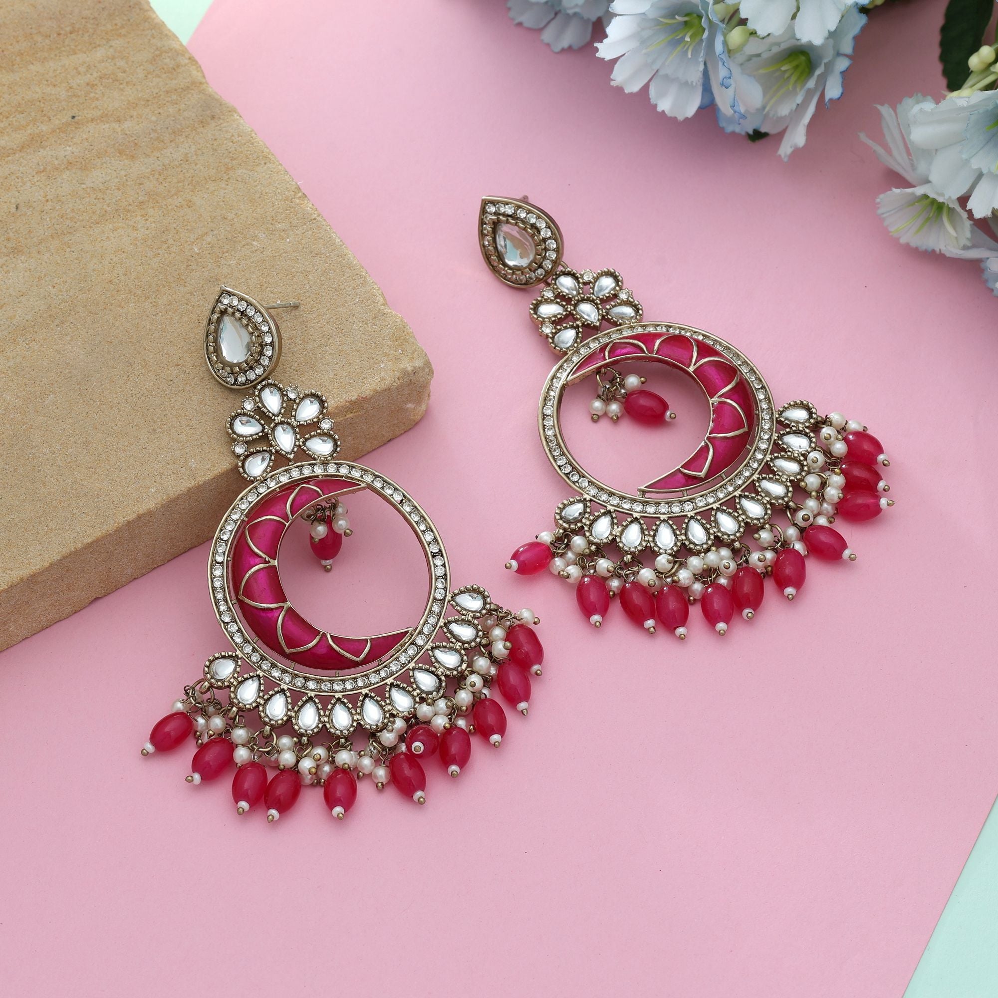 Rani Color Meena Work Kundan Earrings Elegant Traditional Indian Jewelry