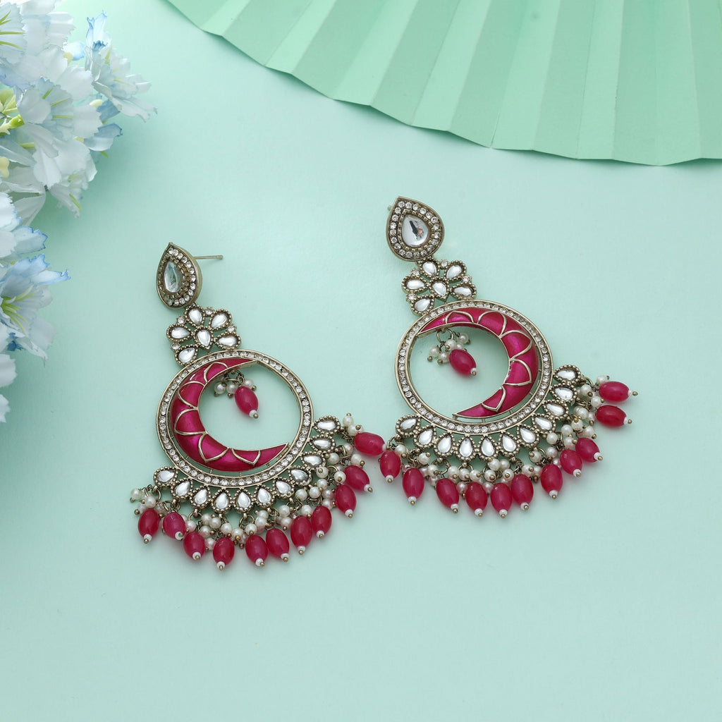 Rani Color Meena Work Kundan Earrings Elegant Traditional Indian Jewelry