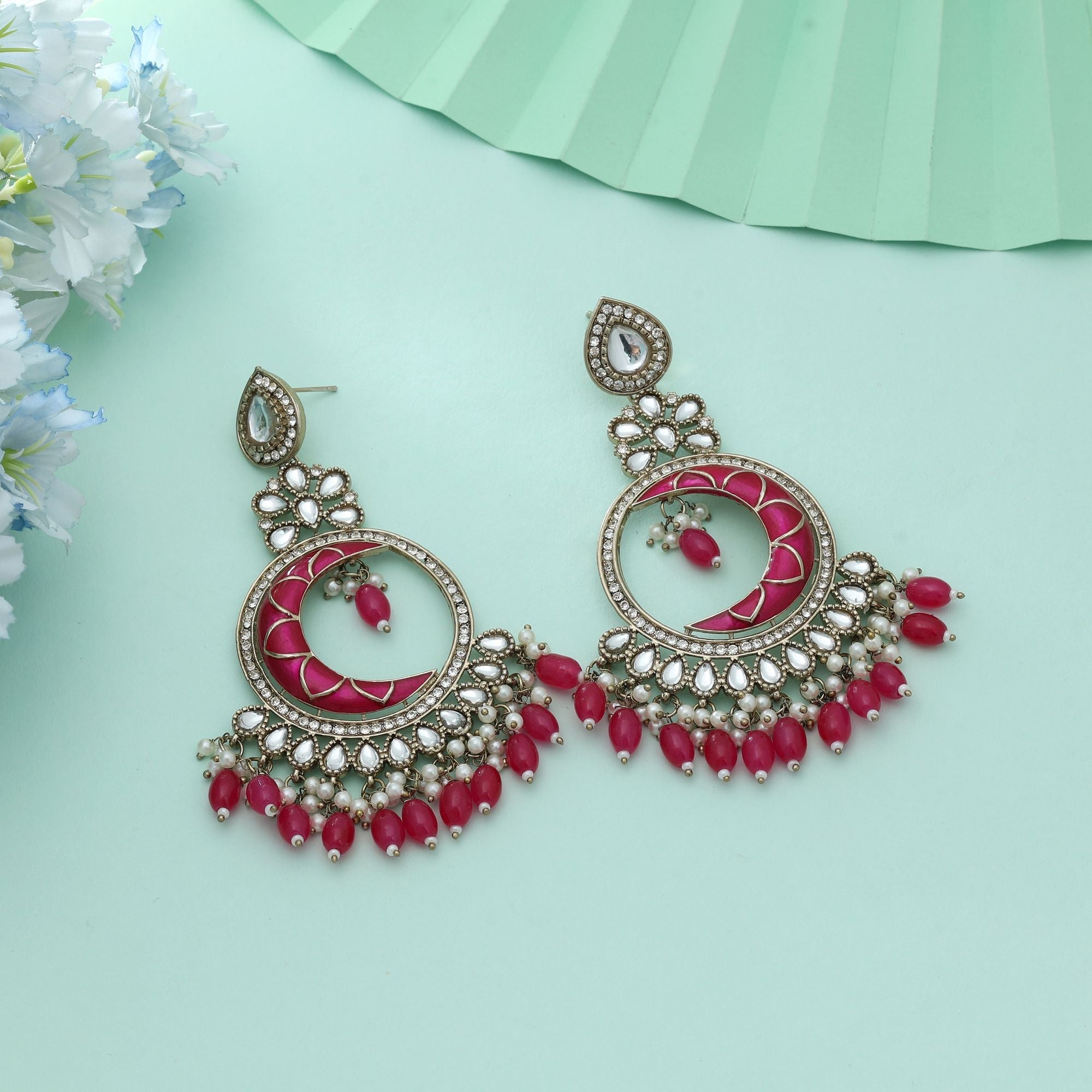 Rani Color Meena Work Kundan Earrings Elegant Traditional Indian Jewelry