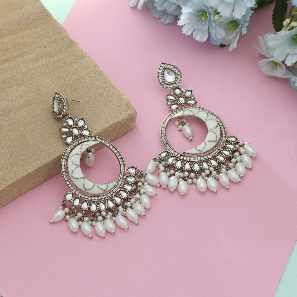 White Color Meena Work Kundan Earrings Classic Traditional Wedding Jewelry