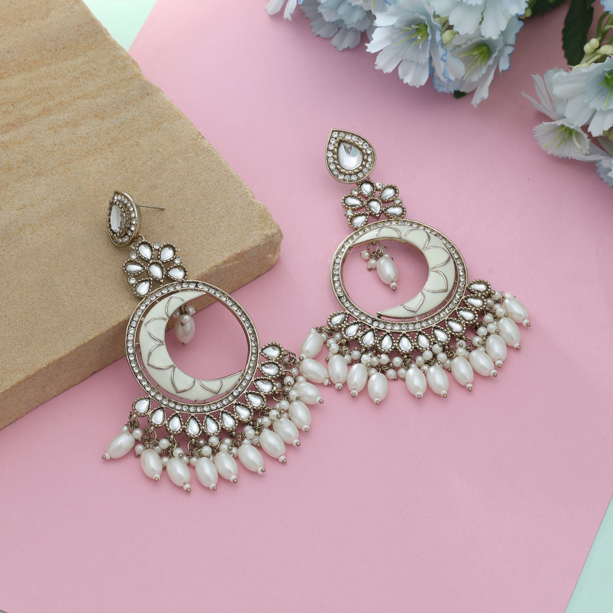 White Color Meena Work Kundan Earrings Classic Traditional Wedding Jewelry