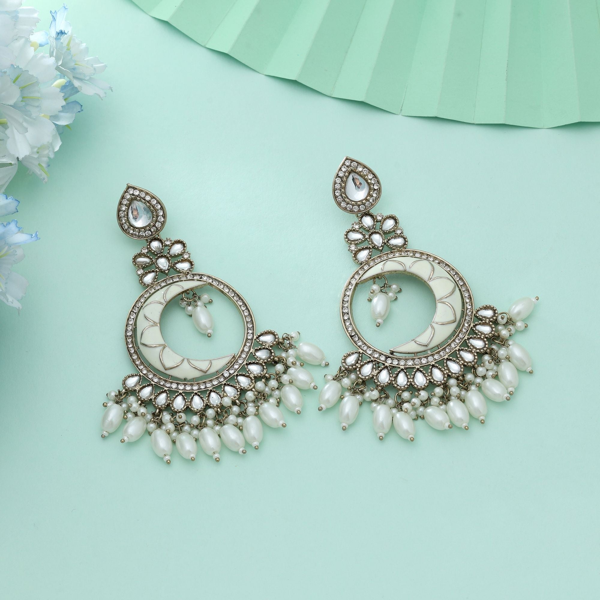 White Color Meena Work Kundan Earrings Classic Traditional Wedding Jewelry