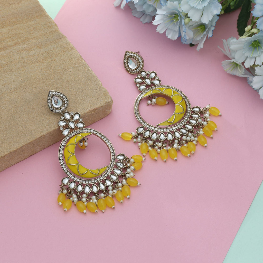 Yellow Color Meena Work Kundan Earrings Bright Festive Traditional Jewelry
