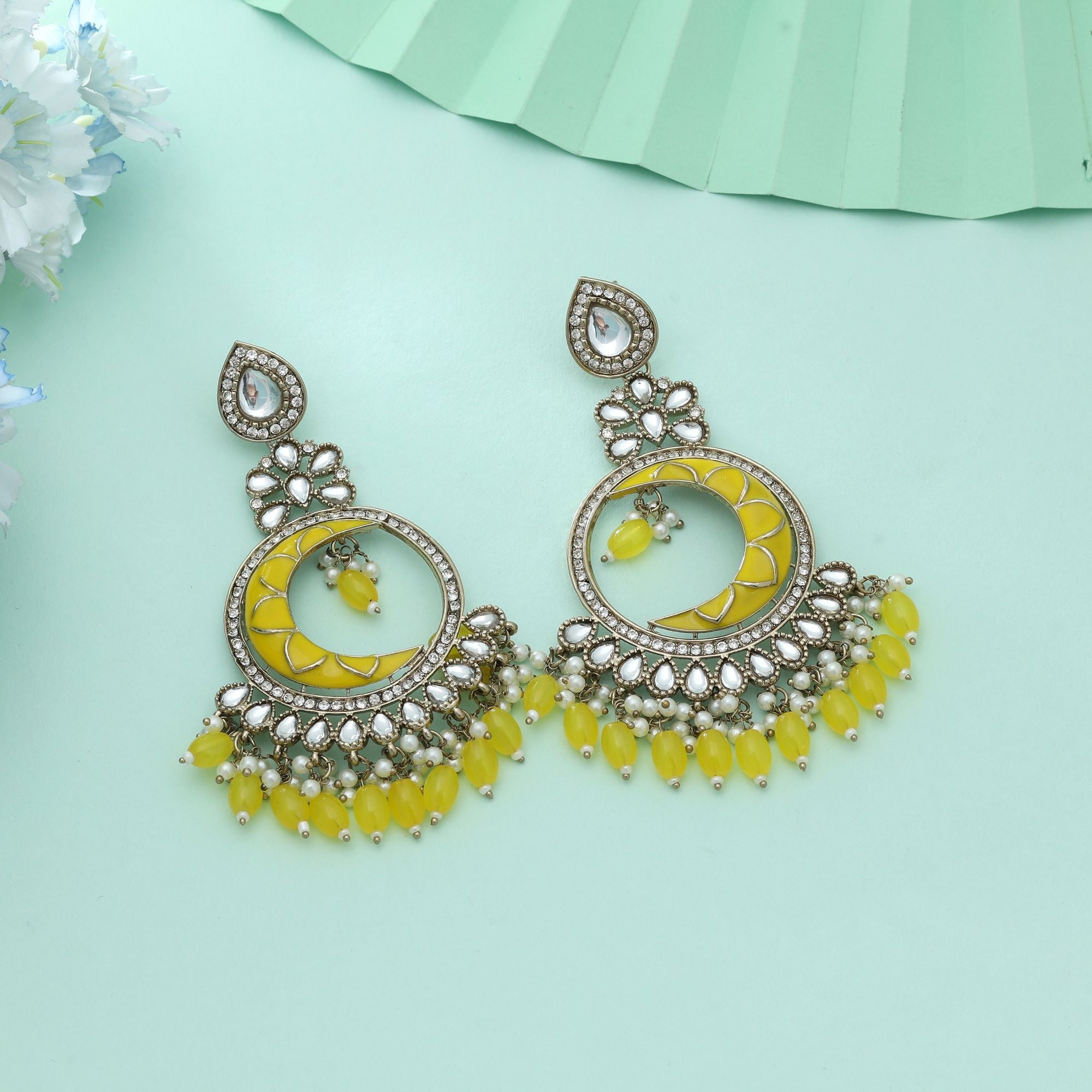 Yellow Color Meena Work Kundan Earrings Bright Festive Traditional Jewelry