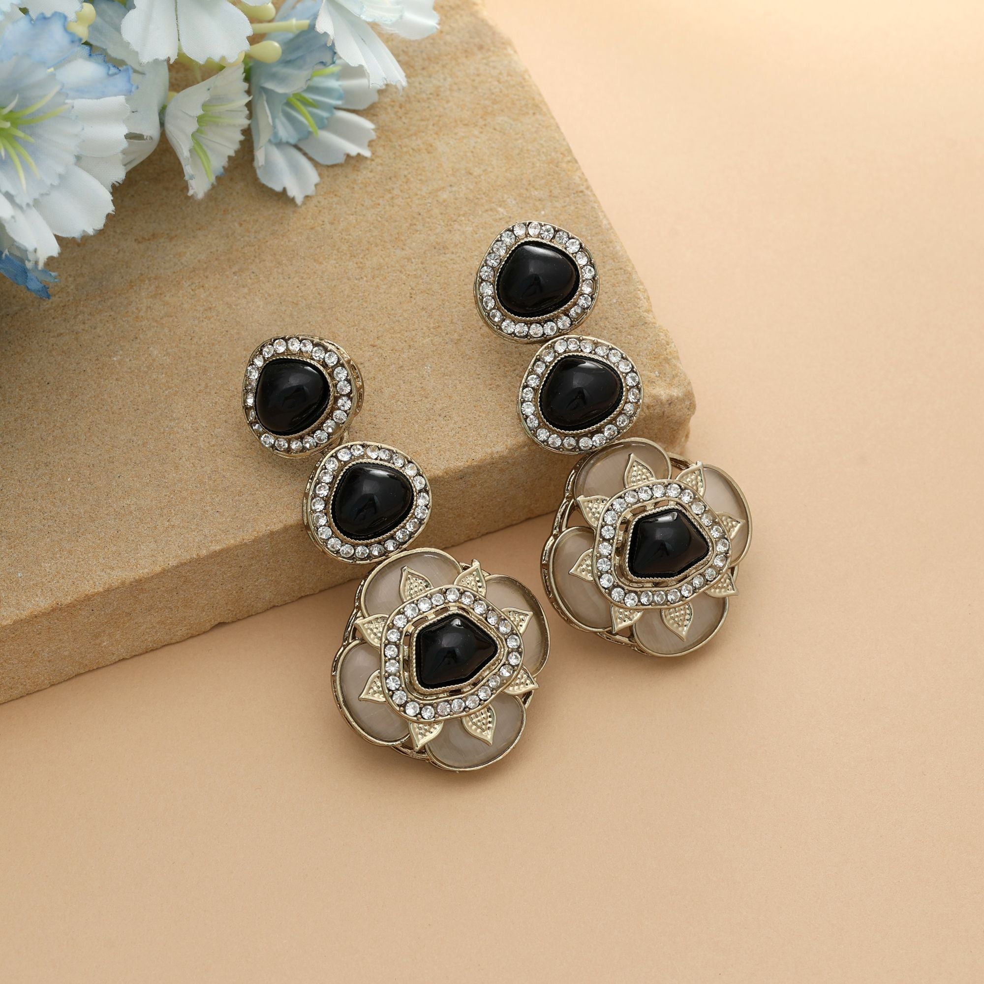 Black Color Kundan Earrings Stylish Ethnic Party Jewelry