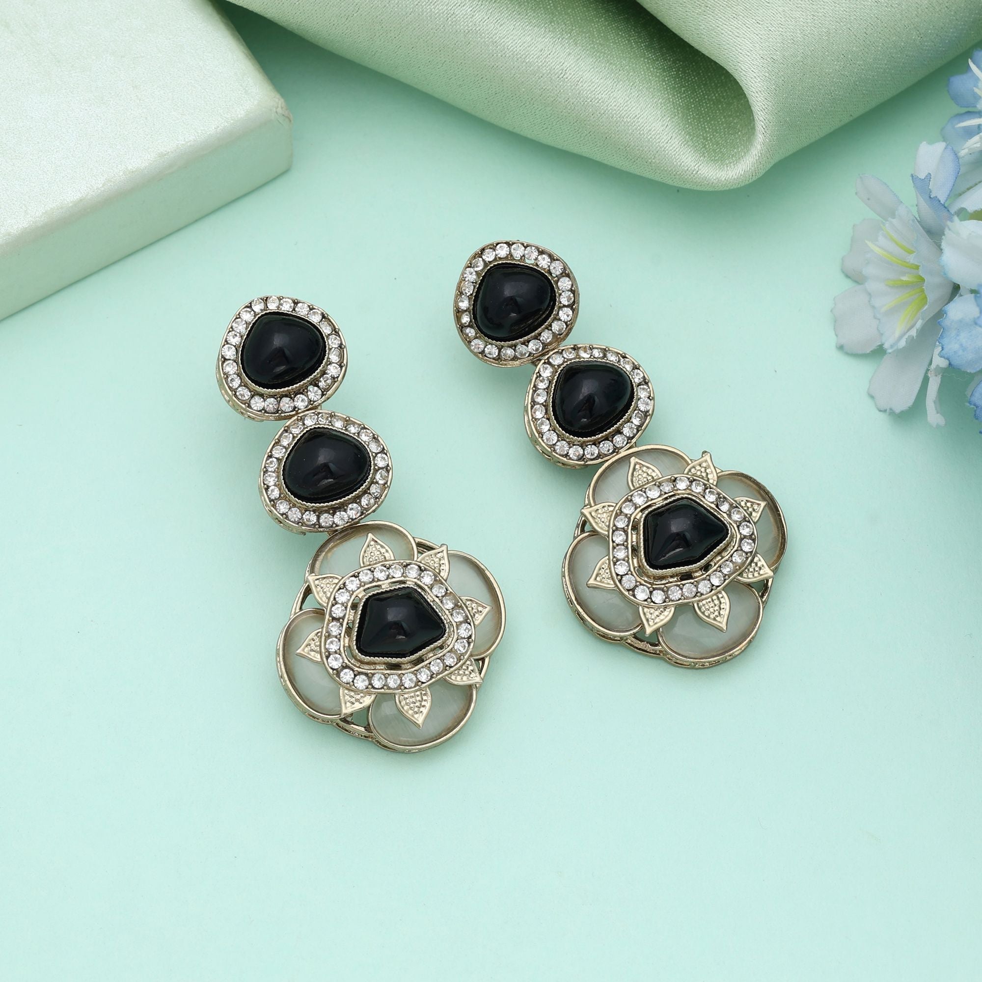 Black Color Kundan Earrings Stylish Ethnic Party Jewelry