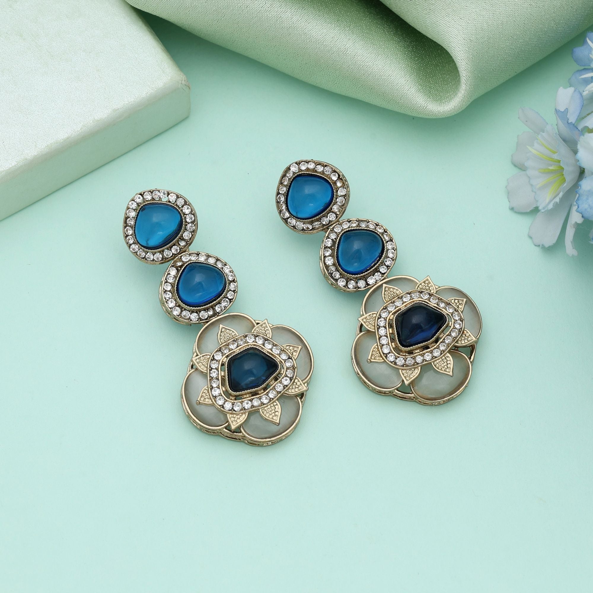Blue Color Kundan Earrings Royal Traditional Ethnic Jewelry