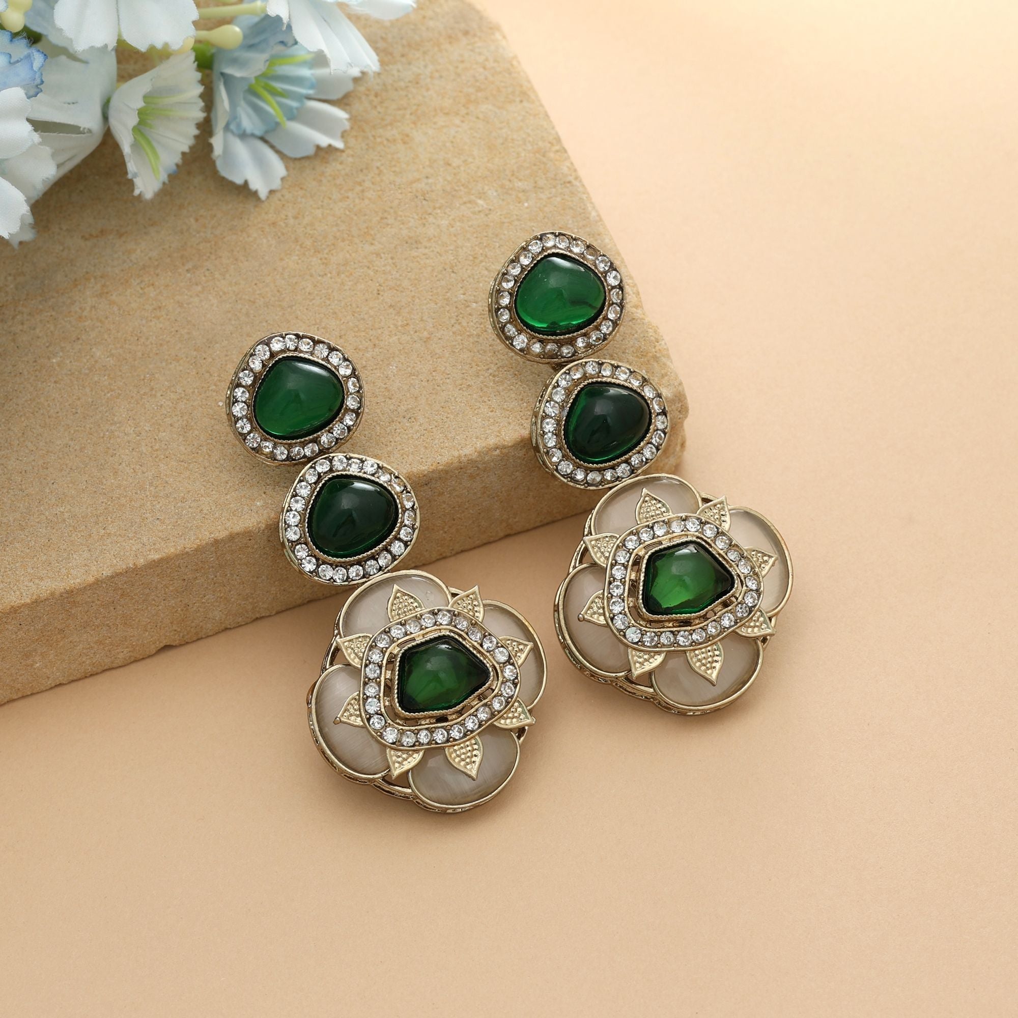 Green Color Kundan Earrings Classic Traditional Indian Jewelry