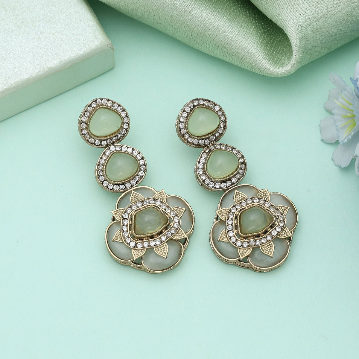 Pista Green Color Kundan Earrings Elegant Ethnic Wedding Jewelry