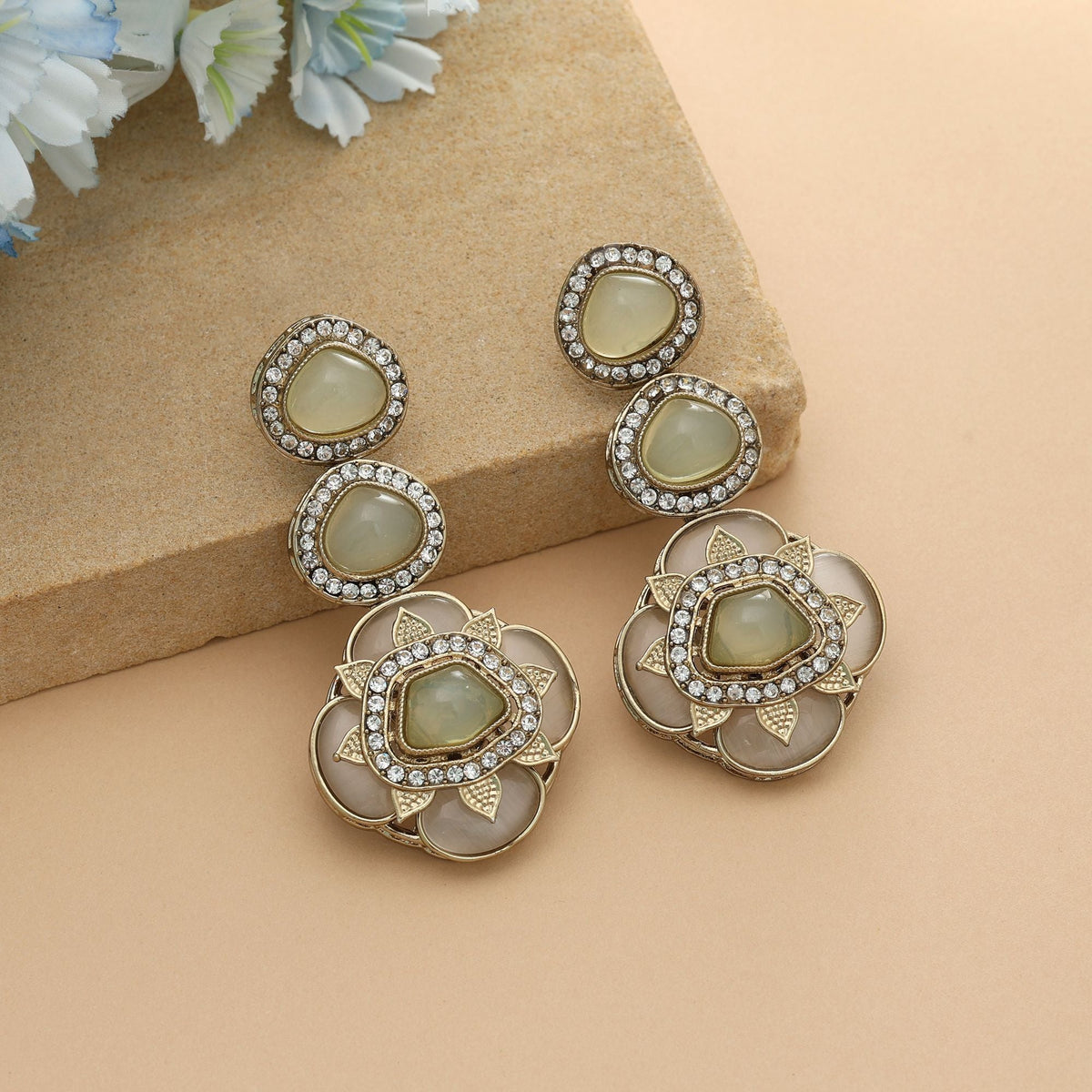 Pista Green Color Kundan Earrings Elegant Ethnic Wedding Jewelry