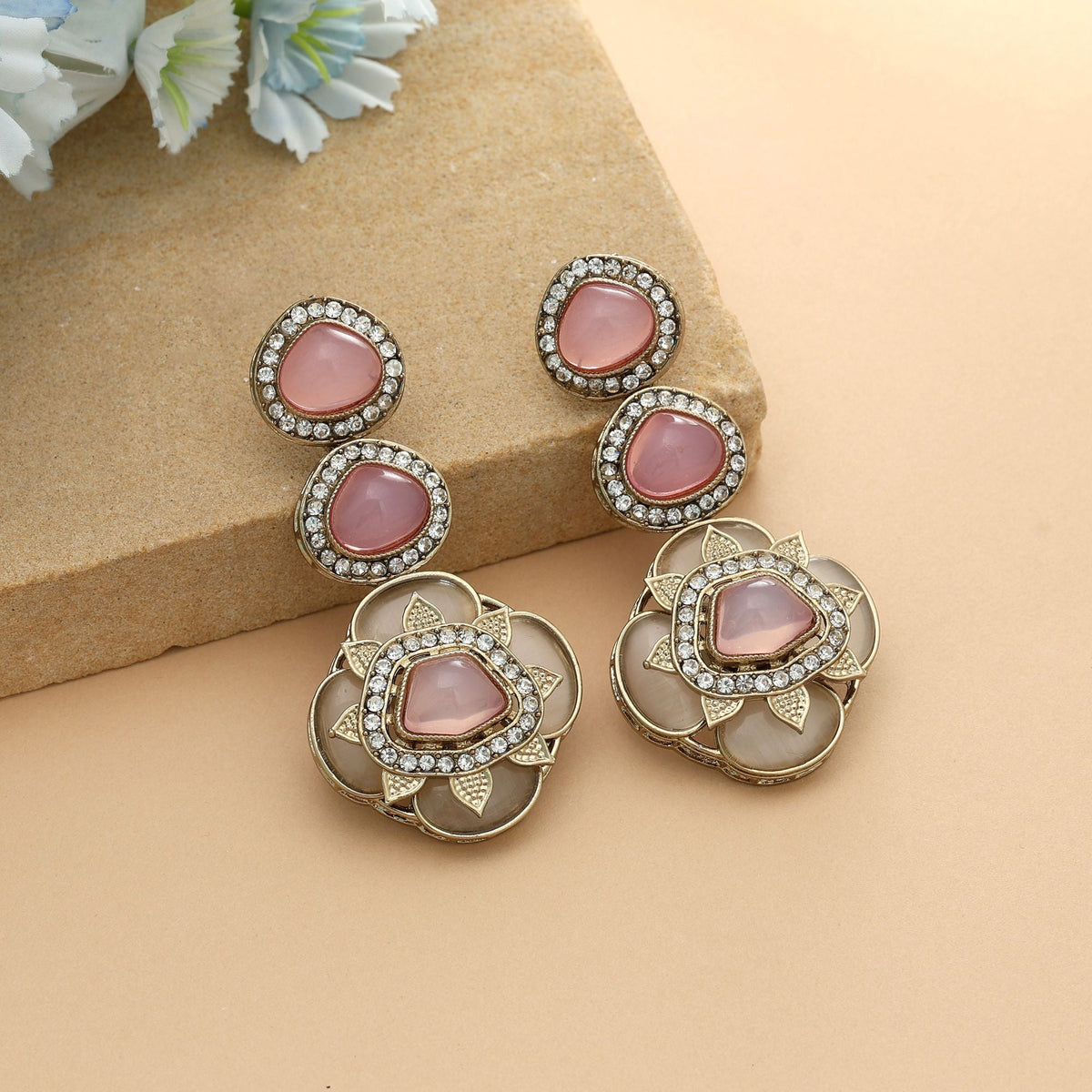 Pink Color Kundan Earrings Elegant Feminine Traditional Jewelry