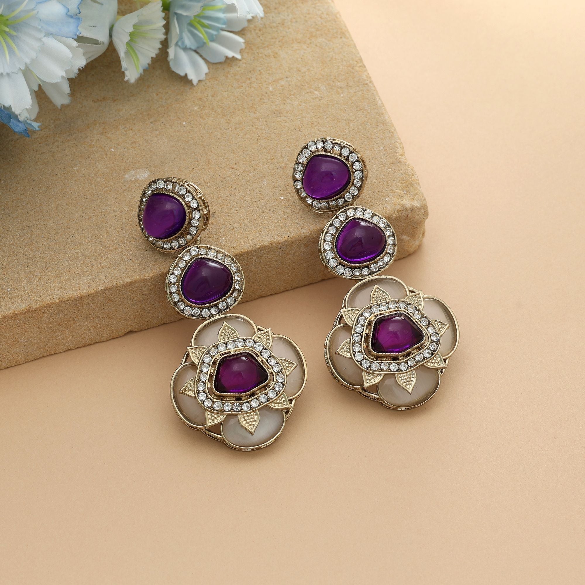 Purple Color Kundan Earrings Stylish Ethnic Party Wear Jewelry