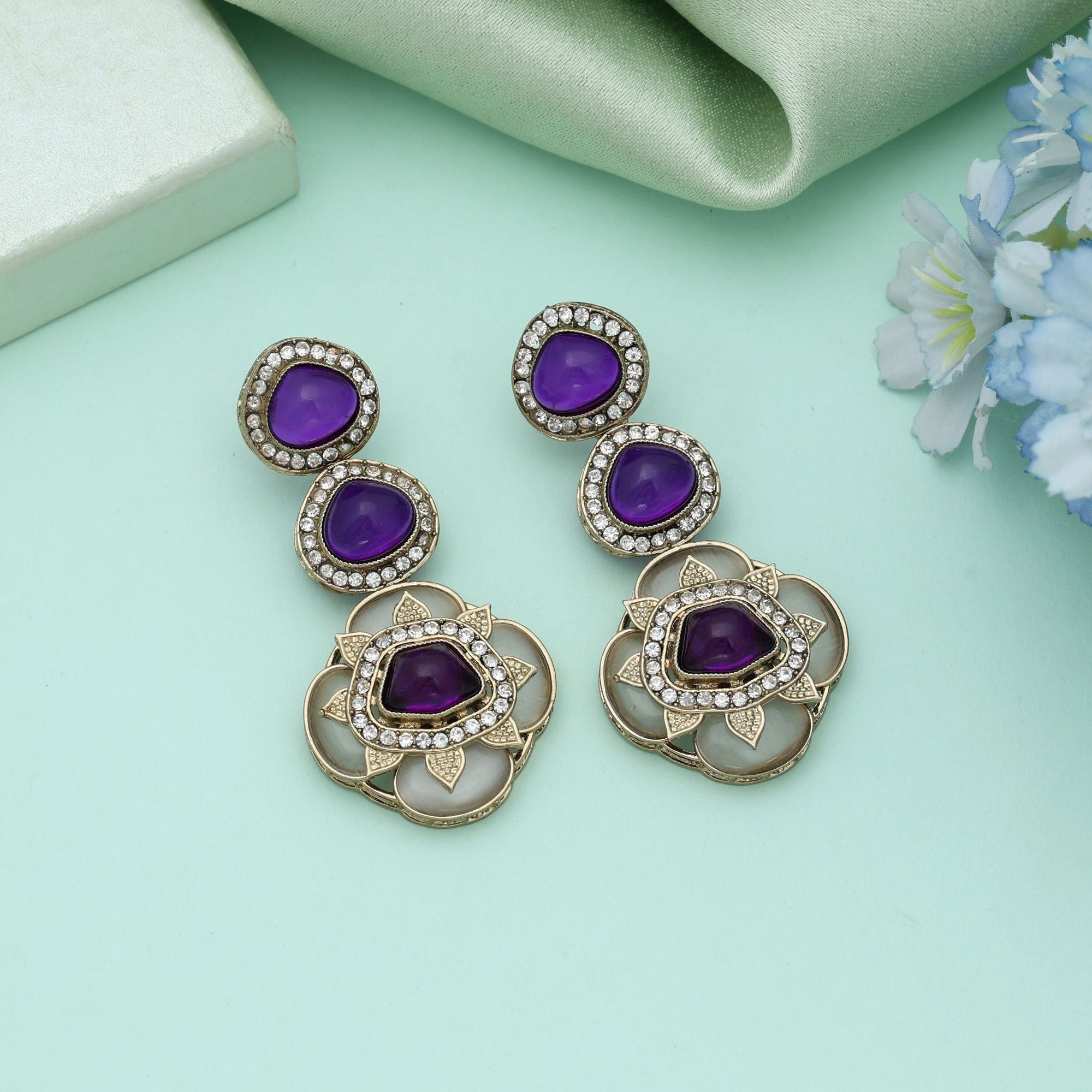 Purple Color Kundan Earrings Stylish Ethnic Party Wear Jewelry