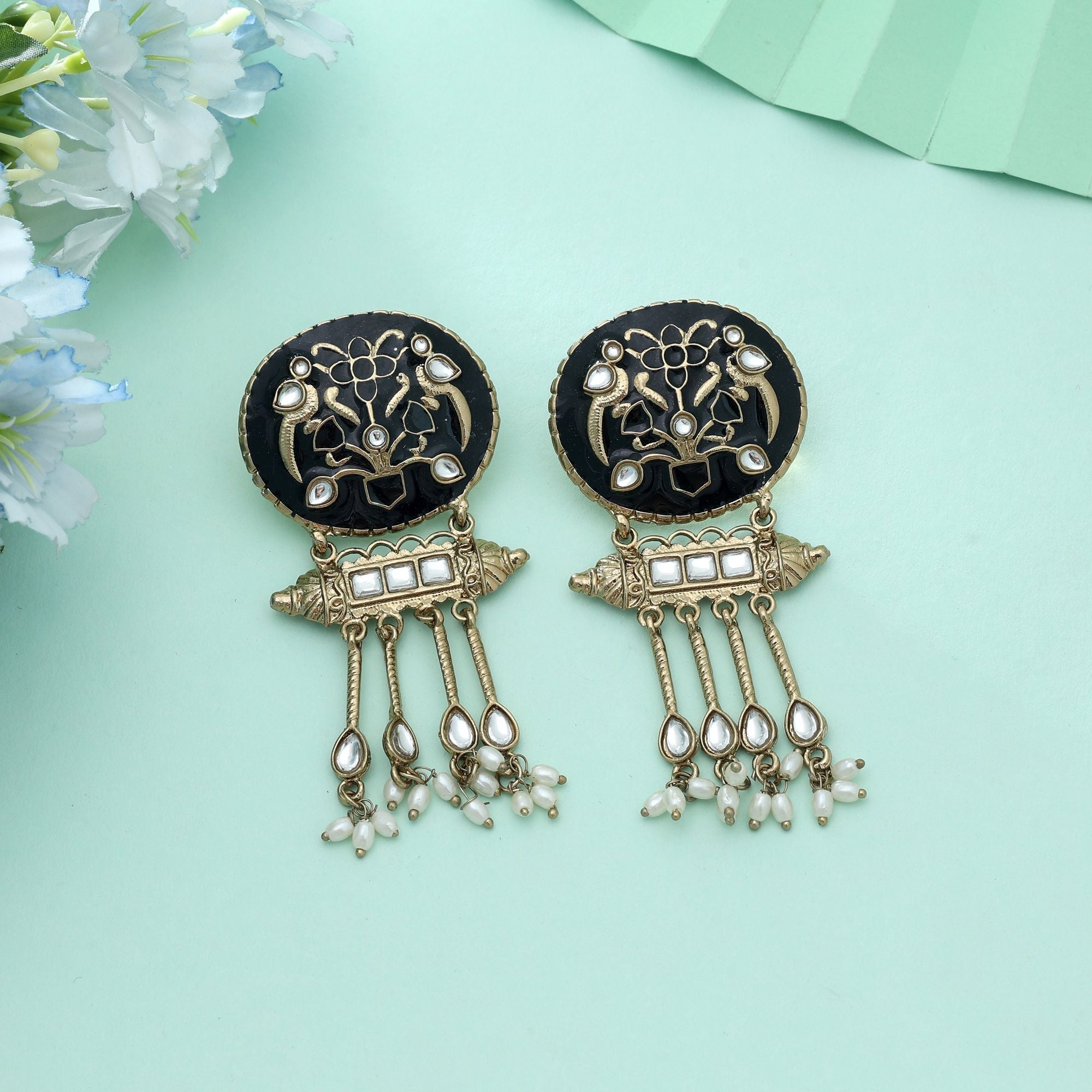 Black Color Meena Work Kundan Earrings Stylish Party Wear Jewelry