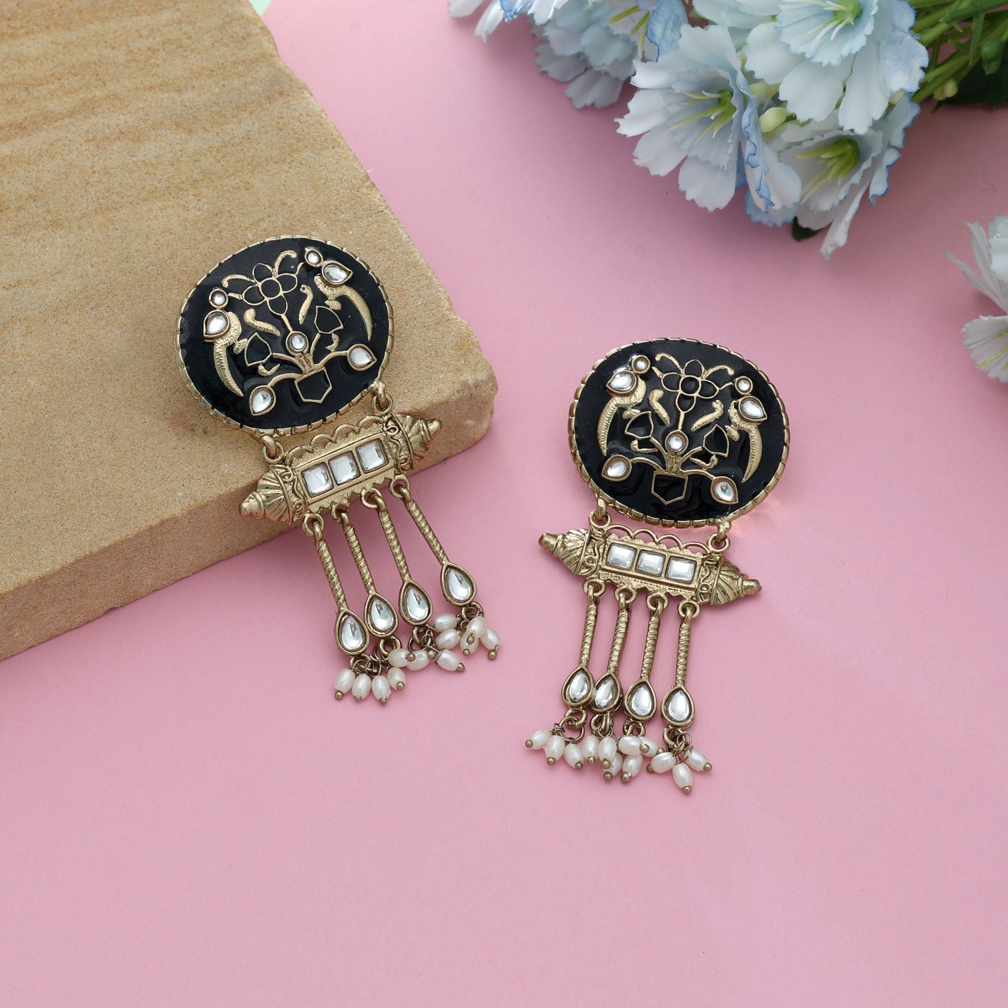 Black Color Meena Work Kundan Earrings Stylish Party Wear Jewelry