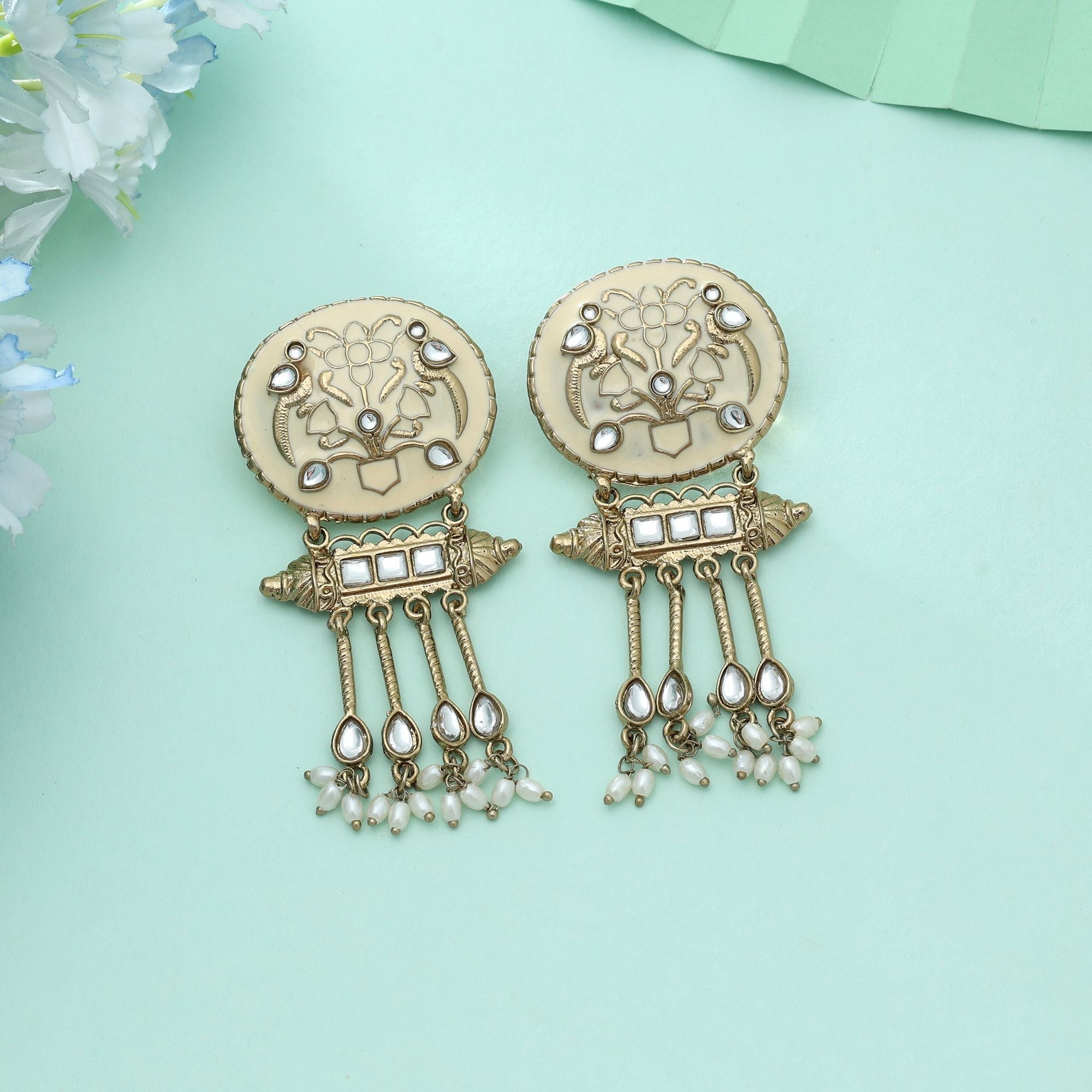 Cream Color Meena Work Kundan Earrings Vintage Traditional Jewelry