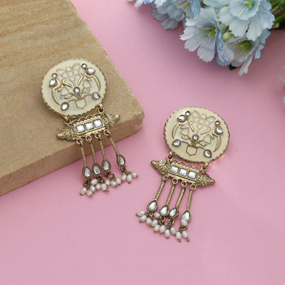 Cream Color Meena Work Kundan Earrings Vintage Traditional Jewelry