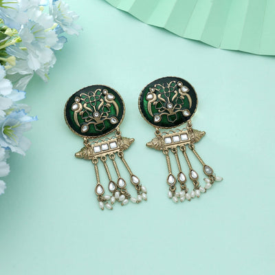 Green Color Meena Work Kundan Earrings Royal Ethnic Wedding Jewelry