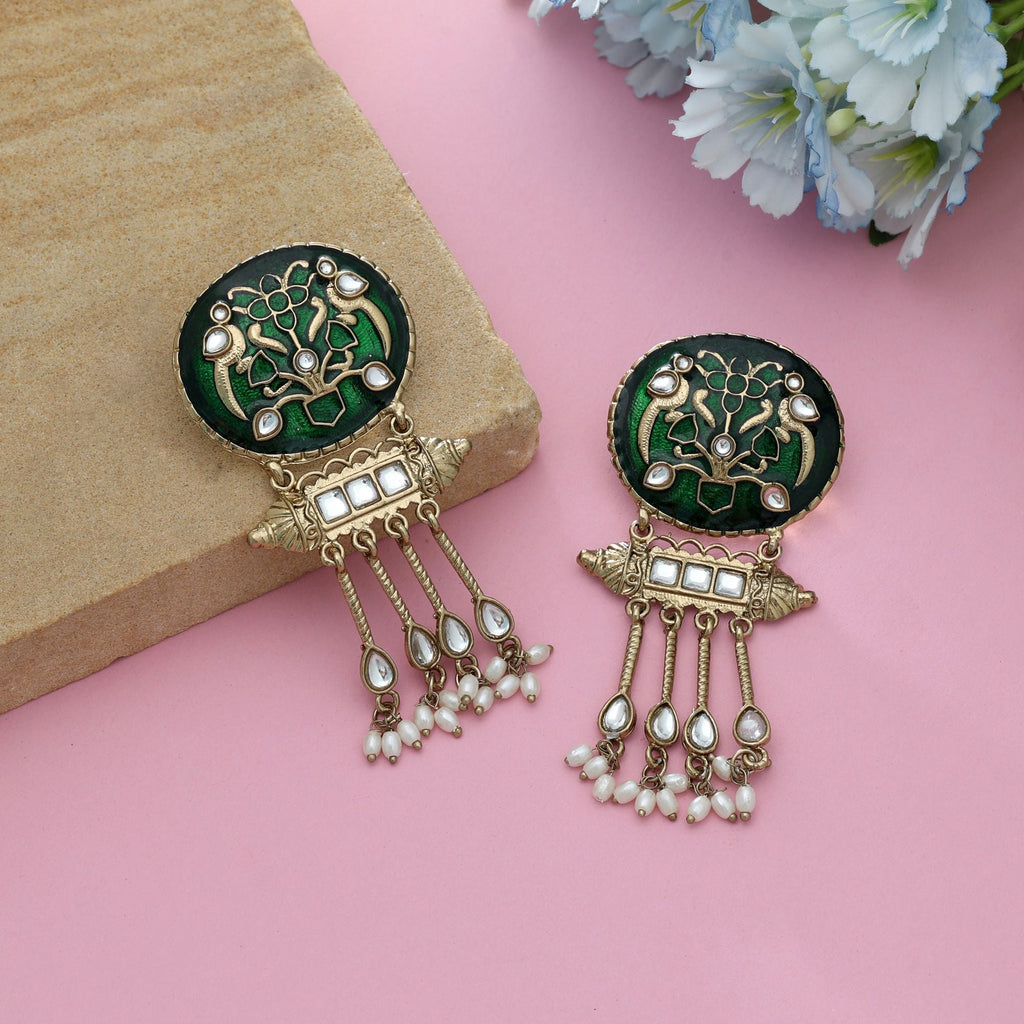 Green Color Meena Work Kundan Earrings Royal Ethnic Wedding Jewelry