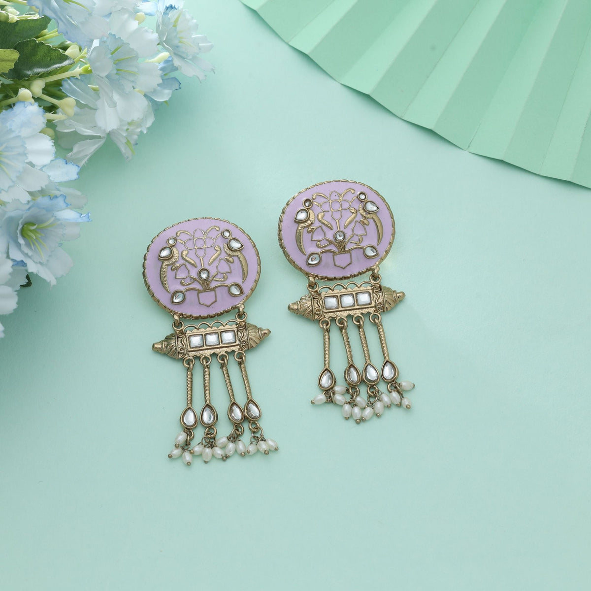 Light Purple Color Meena Work Kundan Earrings Elegant Traditional Jewelry