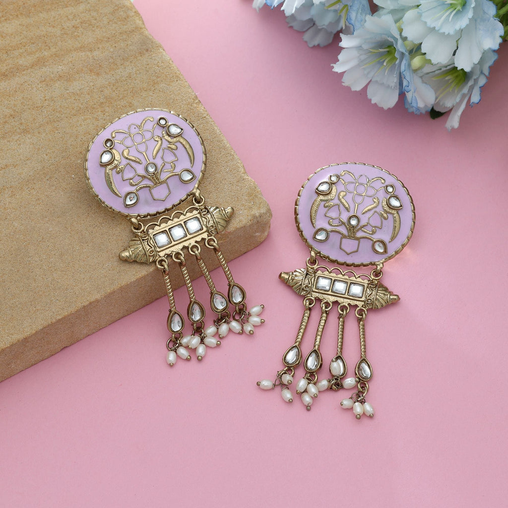 Light Purple Color Meena Work Kundan Earrings Elegant Traditional Jewelry