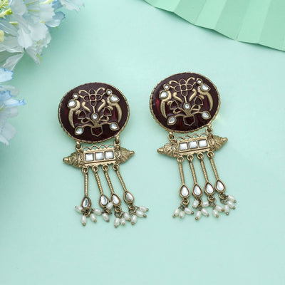 Maroon Color Meena Work Kundan Earrings Classic Ethnic Bridal Jewelry