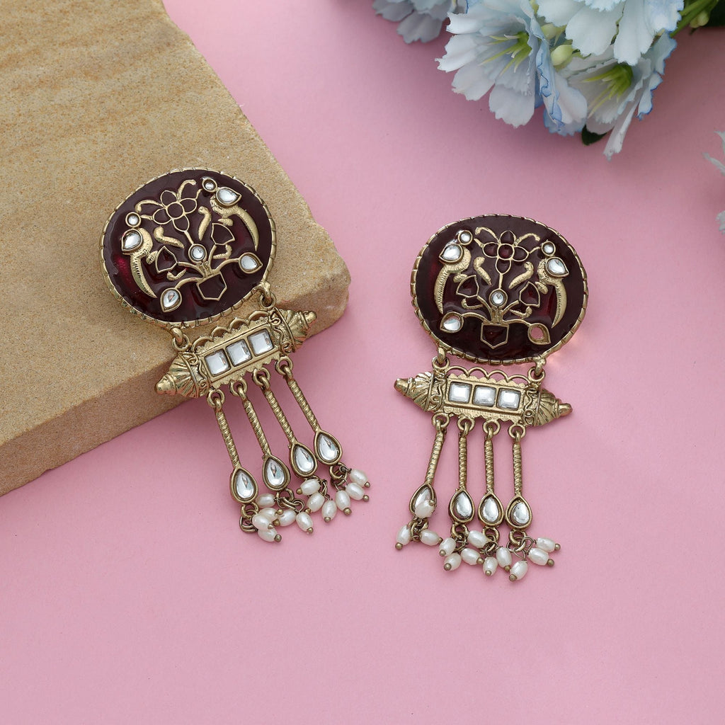 Maroon Color Meena Work Kundan Earrings Classic Ethnic Bridal Jewelry