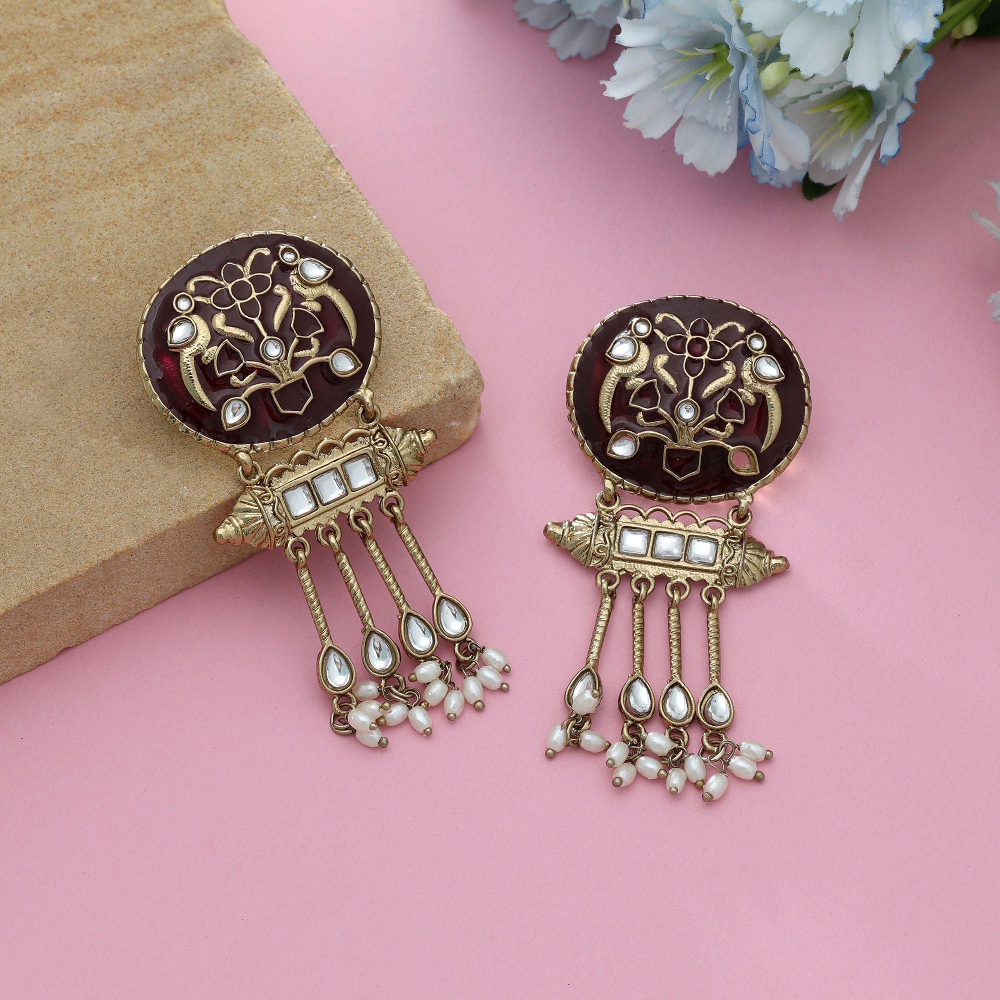 Maroon Color Meena Work Kundan Earrings Classic Ethnic Bridal Jewelry