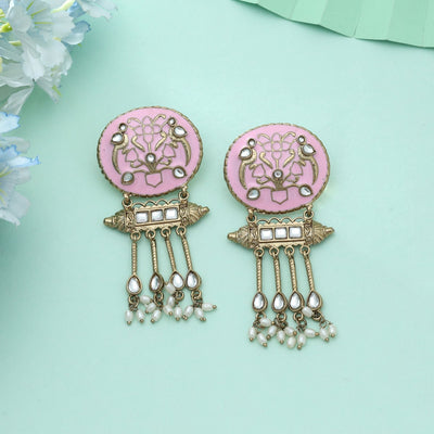 Pink Color Meena Work Kundan Earrings Stylish Feminine Traditional Jewelry