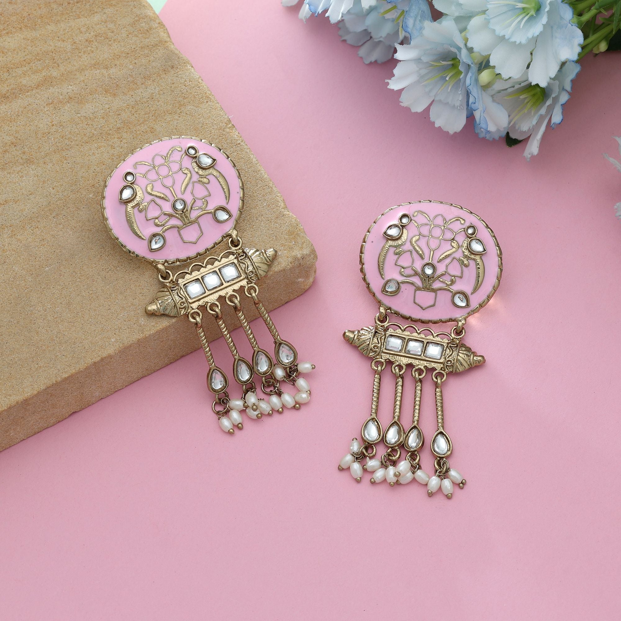Pink Color Meena Work Kundan Earrings Stylish Feminine Traditional Jewelry