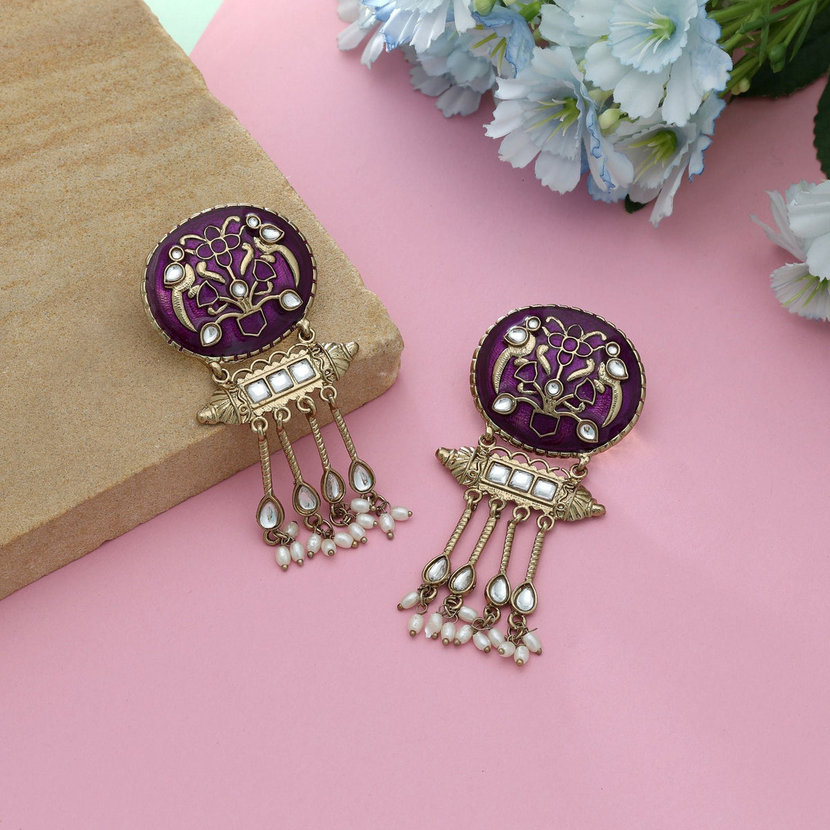 Purple Color Meena Work Kundan Earrings Royal Ethnic Designer Jewelry