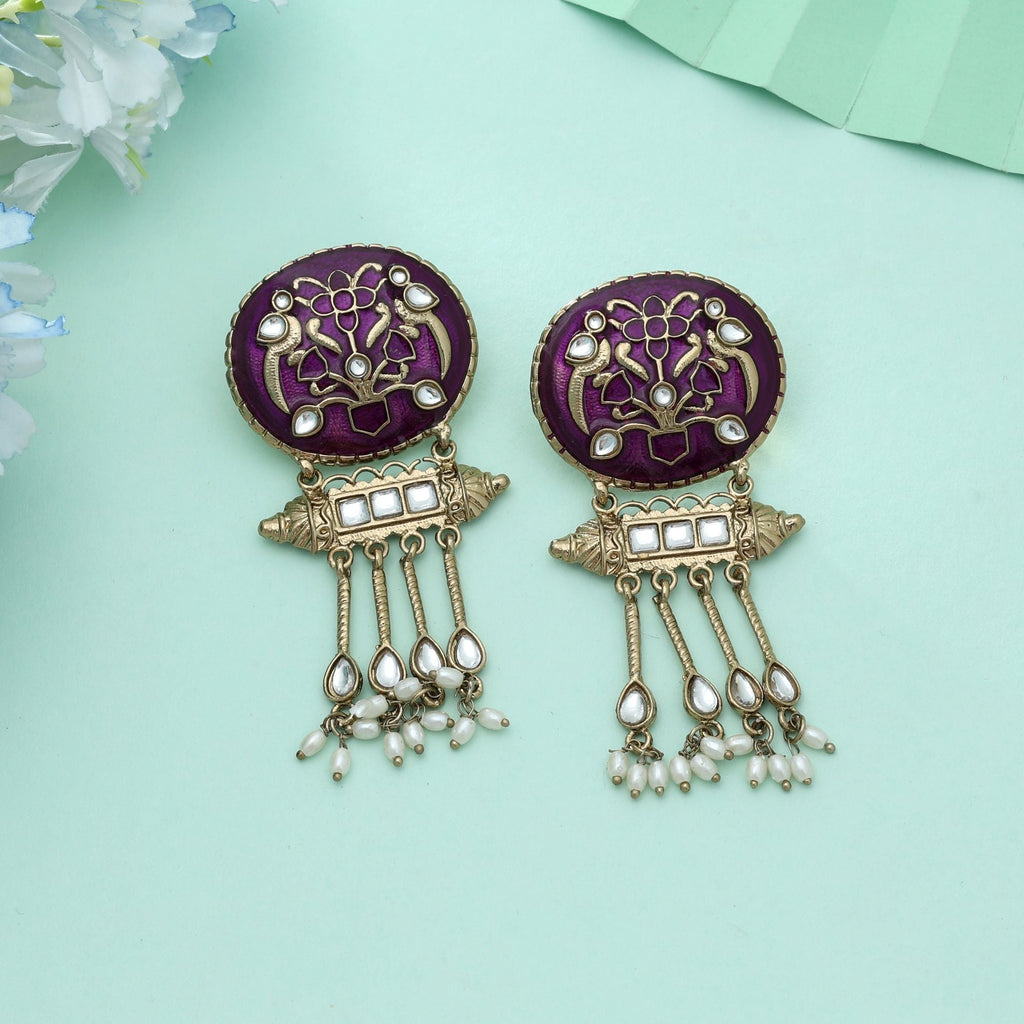 Purple Color Meena Work Kundan Earrings Royal Ethnic Designer Jewelry