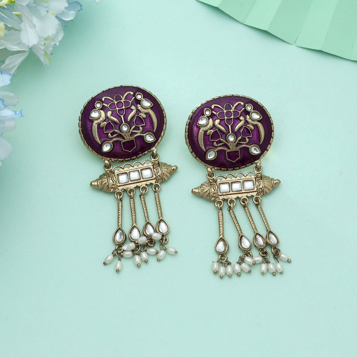 Purple Color Meena Work Kundan Earrings Royal Ethnic Designer Jewelry