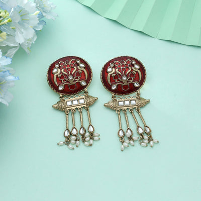Red Color Meena Work Kundan Earrings Bold Bridal Traditional Jewelry