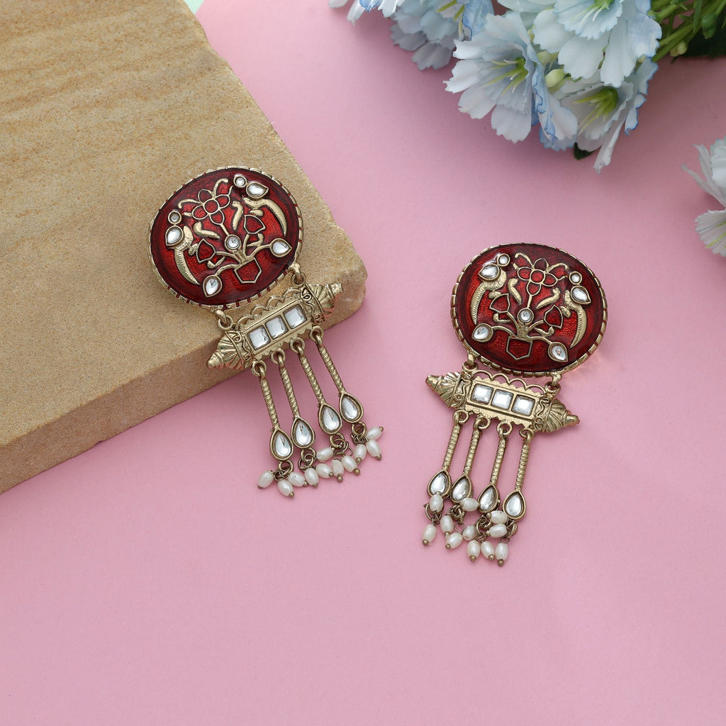 Red Color Meena Work Kundan Earrings Bold Bridal Traditional Jewelry