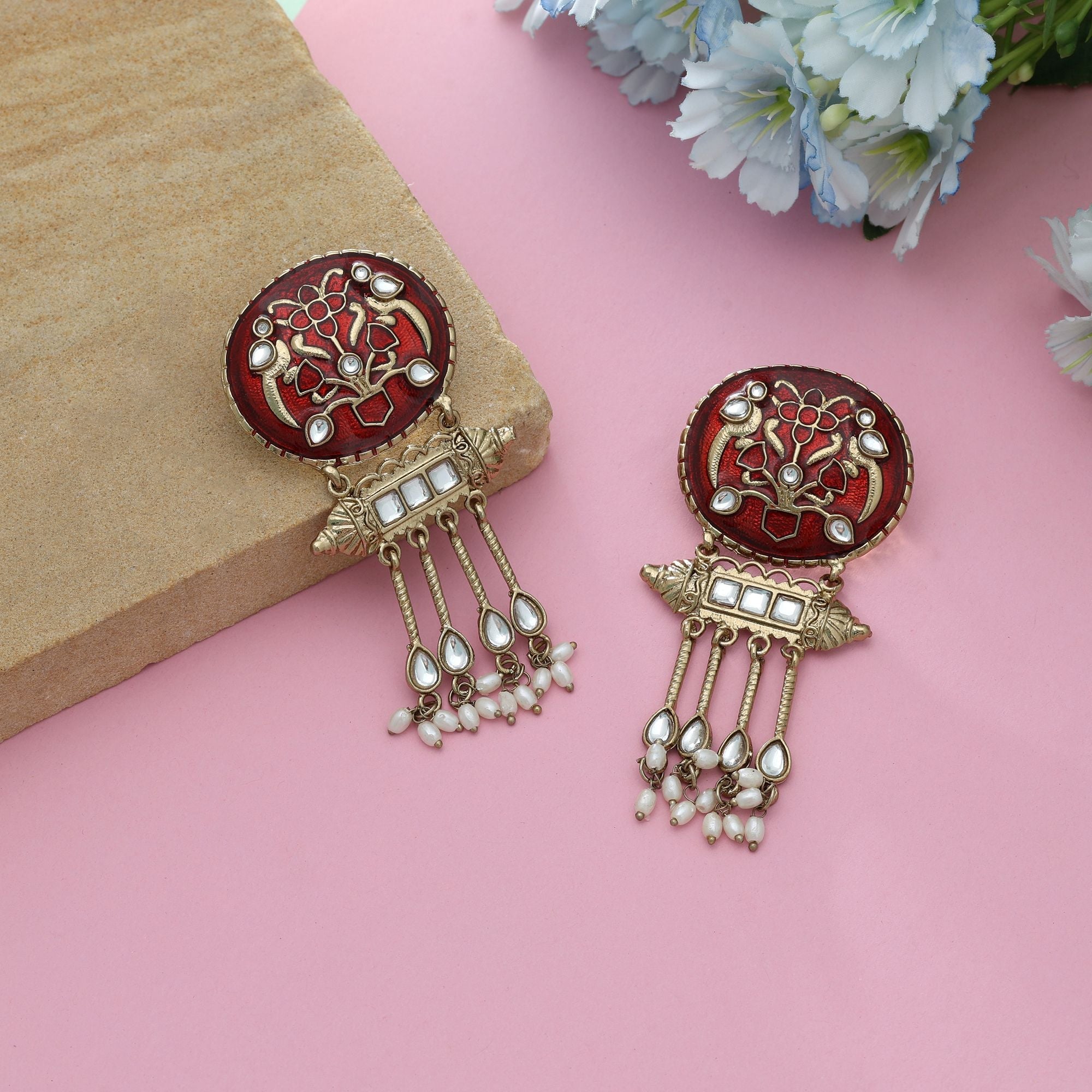 Red Color Meena Work Kundan Earrings Bold Bridal Traditional Jewelry