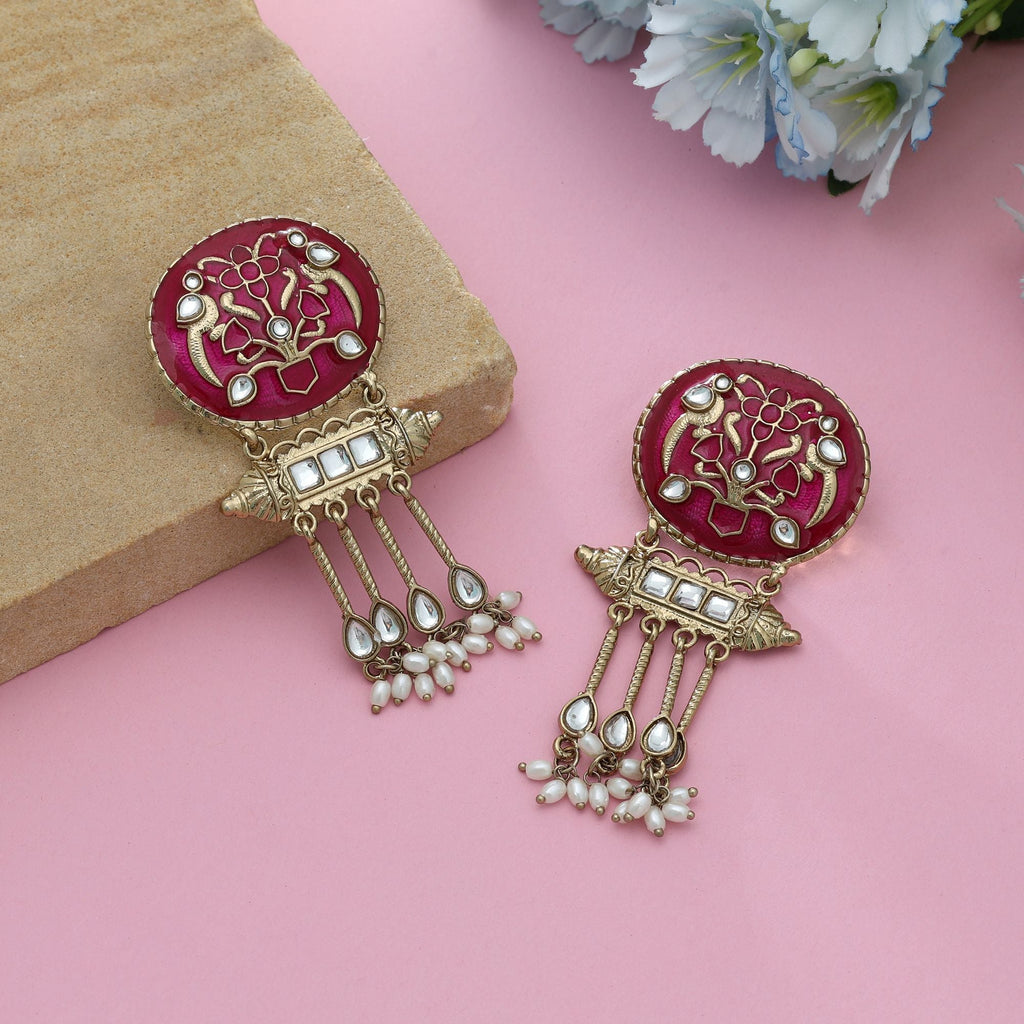 Rani Color Meena Work Kundan Earrings Royal Indian Wedding Jewelry